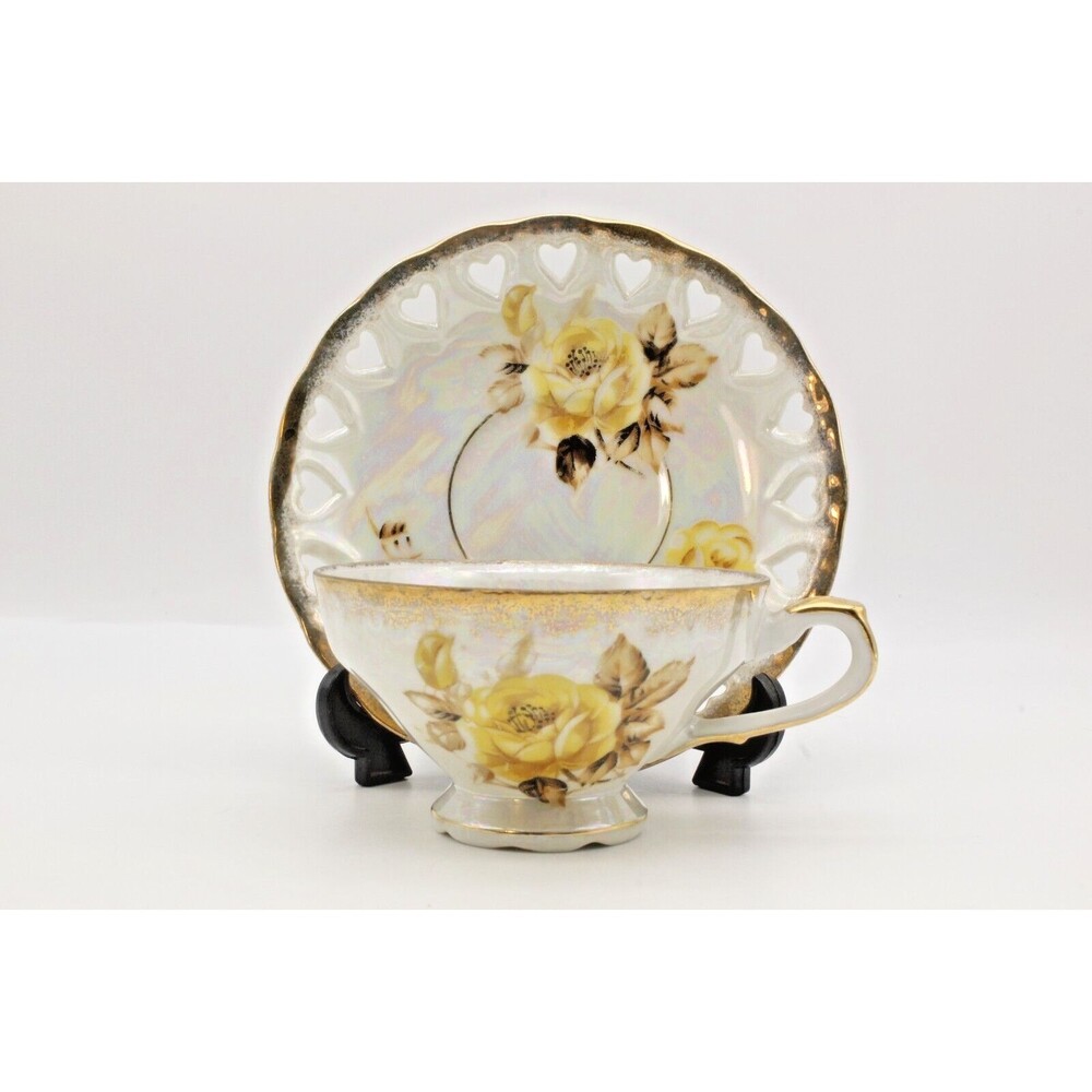 Lusterware Yellow Rose Tea Cup and Saucer Set Reticulated Hearts Japan Vintage